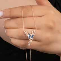 925 Ayar Gümüş Zirkon Taşlı Mavi Daldaki Kelebek Kolye