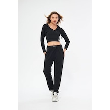 Lesa Wear Yüksel Bel Geniş Paça Şardonlu Likralı Spor Eşofman Altı Siyah