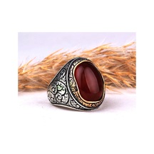 Kalem İşleme Motifli Oval Model Akik Taşlı Gümüş Yüzük