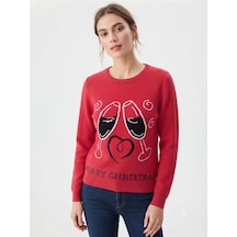 Neden Tekstil Kadın Kırmızı Triko Merry Christmas Desenli Kazak