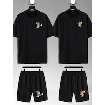 Unisex Kadın Erkek Tom Ve Jerry Rakı Baskılı Sevgili Çift Kombini Tasarım Oversize Tshirt Ve Şort Siyah1 Mck2302 Siyah