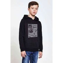 Tshirthane Skyline Baskılı Unisex Çocuk Kapüşonlu Siyah Sweatshirt Siyah