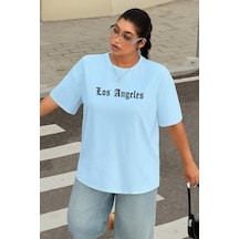 Benroma Büyük Beden Los Angeles Baskılı Unisex Tişört Bebe Mavisi