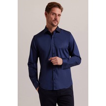 Erkek Lacivert Uzun Kol Slim Fit Saten Gömlek