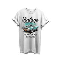 Vintage Motors Yazılı Retro Araba Baskılı %100 Pamuk Regular Fit Unisex T-shirt Beyaz