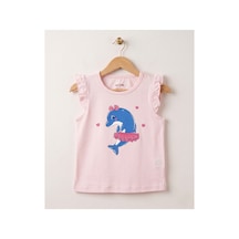 Fuar Baby Kız Çocuk %100 Pamuklu Bisiklet Yaka Fırfır Kollu Tişört 2-6 Yaş Pembe Balık Desenli