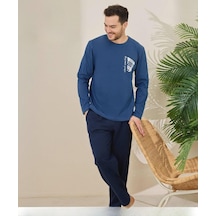 Pijamoni Erkek Pamuklu Bisiklet Yaka Uzun Kol İnce Pijama Takımı 6150/6 - 1 Adet Mavi