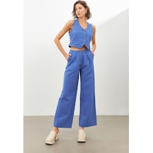 Stella Pulvis Mavi Keten Yüksek Bel Wide Leg Pantolon Mavi