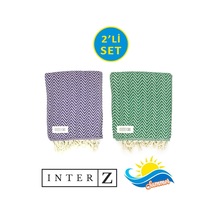 2li Set Peştemal Plaj Havlusu %100 Pamuk Xxl 100x180cm Marmaris Mor Yesil