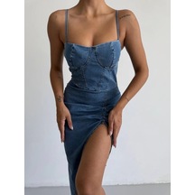 Kadın Omuz Askılı Derin Bacak Dekoltesi Ve Büzgü Detay Kot Elbise Koyu Mavi Kadın Omuz Askılı Derin Bacak Dekoltesi Ve Büzgü Detay Kot Elbise Koyu Mavi