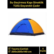 Premium Su Geçirmez Kapı Sineklik Tüllü Dayanıklı Kumaş Pratik Kolay Kurulum 4-5 Kişilik Kamp Çadırı Mavi - Turuncu
