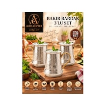3 Adet: Kulplu Bakır Ayran Bardağı 400 Ml Dövme Desen İçi Kalaylı Gümüş Renk Su Meşrubat Bardağı Kupa - Bakır Bileklik Hediyedir Trs-0158