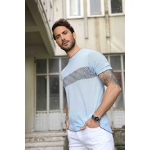 Ferraro Erkek Desenli Delikli Bisiklet Yaka Triko T Shirt - Mavi-Mavi