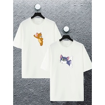 Unisex Kadın Erkek Sinirli Tom Ve Jerry Baskılı Sevgili Çift Kombini Tasarım Oversize Tshirt 2'li St Beyaz1 Mck2125 Beyaz