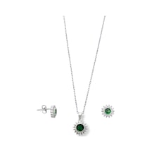 Oya Silver Minimal Klasik Anturaj Modeli Zümrüt Taşlı Gümüş Kolye & Küpe Seti