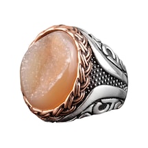 Gerçek Doğal Druzy Kristal Kuvars Taşı Yüzük, Doğum Taşı Yüzüğü, 925 Ayar Gümüş Yüzük Sarı Gümüş