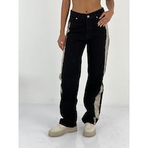 Miss Poem Kadın Yanları Leopar Desenli Denim Siyah Kot Pantolon Siyah