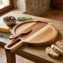 Doğal Akasya Yuvarlak Peynir Sunum Tahtası Ve Bıçak Seti 19 Cm Ahşap Servis Tepsisi, Yanında Özel Peynir Bıçağı İle 2 Parça Mini Set Açık Gri