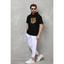 Wear Vexel Erkek Kapüşonlu Kısa Kol Oversize Baskılı T-shirt - Siyah Çok Renkli