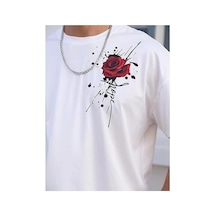 Erkek Kısa Kol Yazlık Tişört Bisiklet Yaka Gül Baskılı T-shirt - Beyaz Siyah