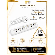 Viko 6'lı Grup Priz 15 Metre Beyaz 3x2,5 Mm Kalın Kablolu Uzatma Kablosu 15 M