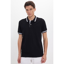 Tudors Erkek Slim Fit Dar Kesim %100 Pamuk Düz Pike Yaka Ve Kol Detaylı Siyah Polo Yaka Tişört-50169