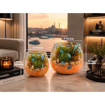 2 Li Üfleme Cam Teraryum Saksı Seti Turuncu Mavi Benekli Dekoratif Cam Kase Vazo 15x13 Cm Ve 18x17 Cm