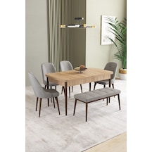 Ikon Meşe Desen 80x132 Mdf Açılabilir Yemek Masası Takımı 4 Sandalye, 1 Bench Gri