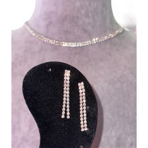 Kırmızı Sanat Evi Full Taşlı İki Sıra Parlak Choker Kolye ve Küpe Seti Gümüş