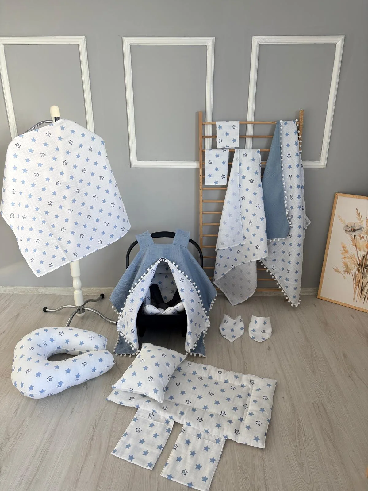 % 100 Pamuk 12 Parça Çift Taraflı Muslin Set Mavi Yıldız