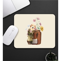 Bej Renk Köpek Ve Çiçek Motifli Mouse Pad 23x19cm Fare Altlığı Kaydırmaz Taban De590 Mousepad