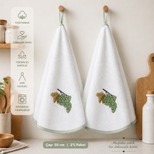 %100 Pamuk Yuvarlak Mutfak Havlusu 50 Cm 2 Li Set Yüksek Emicilik, Askı Halkalı, Nakışlı, Makinede Yıkanabilir Kurulama Bezi Beyaz