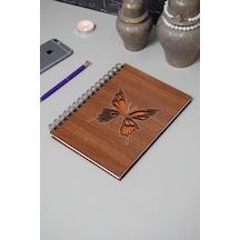 Kelebek Desenli Ahşap Defter - Ajanda - Günlük - Çizgisiz Defter Ahşap Rengi Ceviz A5 Notebook