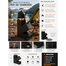 Eylux Roket Soba, Rocket Stove 37x30x12 Kamp Ocağı, Odun Veya Pelet Kolay Yakıt Besleme Kapağı Ve 800 Derece Isıya Dayanıklı 2 Mm Çelik Üretim Siyah
