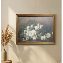 Antika Gold Çerçeveli Yatay Vintage Gül Dalı Tablosu - Nostaljik Salon Duvar Dekoru 80x60cm