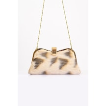 Keyifli Moda Kadın Bej Desenli Suni Kürk Zincirli El Ve Omuz Clutch Portföy Çanta - Bej