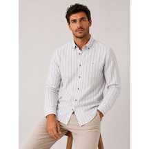 Slim Fit Uzun Kol Çizgili Cepsiz Keten Likra Hediye Kutulu Erkek Gömlek Fs-004579 - Beyaz Siyah-3328