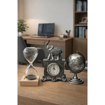 3 Lü Masa Üstü Seti Gri Fil Figürlü Saat, Manyetik Kum Saati Ve Gri Dünya Küresi - Premium Hediye