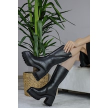 Asmi Shoes Kadın Liva Siyah Cilt Döner Fermuarlı Bot Siyah Siyah