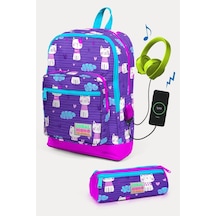 Kids Mor Pembe Kedi Desenli Usb'li 2'li Okul Çanta Seti Set0223264 Mor Çok Renkli