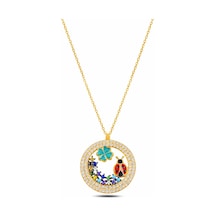 Çekirdekjewelry 925 Ayar Gümüş Sarı Altın Kaplama Uğur Böceği Ve Yonca Taşlı Kolye Sarı