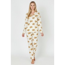 Luxury Soft Ekru Ayıcık Desenli Uzun Kollu Kadın Pijama Takımı 3041 Beyaz