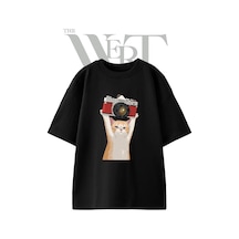 Thewert Kedi Kamera Tasarım Baskılı Ünisex Siyah Oversize T-shirt