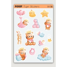 Sevimli Kaplan Sticker Seti - 12 Adet Etiket Çıkartma Diğer
