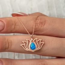 925 Ayar Gümüş Rose Kaplama Opal Taşlı Lotus Çiçeği Kolye Renkli