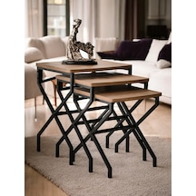 3 Lü Zigon Sehpa Metal Ayaklı Çam Ahşap Kare Misafir Sehpası