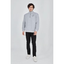 Erkek Yarım Fermuarlı Baskılı 3 İplik Pamuklu Sweatshirt - Gri