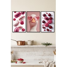 Siyah Ahşap Çerçeveli Pembe Tatlı Temalı Duvar Tablosu 3 Lü Set Sevimli Ördek Ve Makaron Desenli Modern Dekorasyon Kabartma Görünümlüdür Siyah