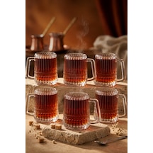 6 Lı Cam Kulplu Çizgili Çay Bardağı Bardak Kupa 150ml Şeffaf
