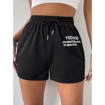 Drawstring Waist Slogan Graphic Track Şort Siyah